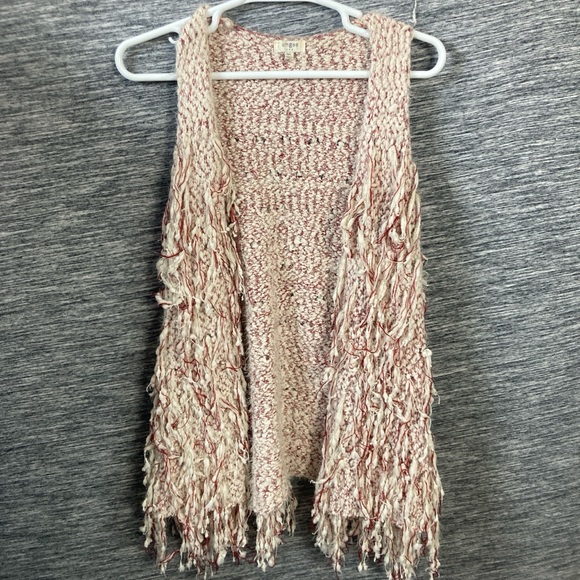 Umgee Women’s Cream Red Bohemian Fringed Open Cardigan Vest Sleeveless Knit - Picture 4 of 5